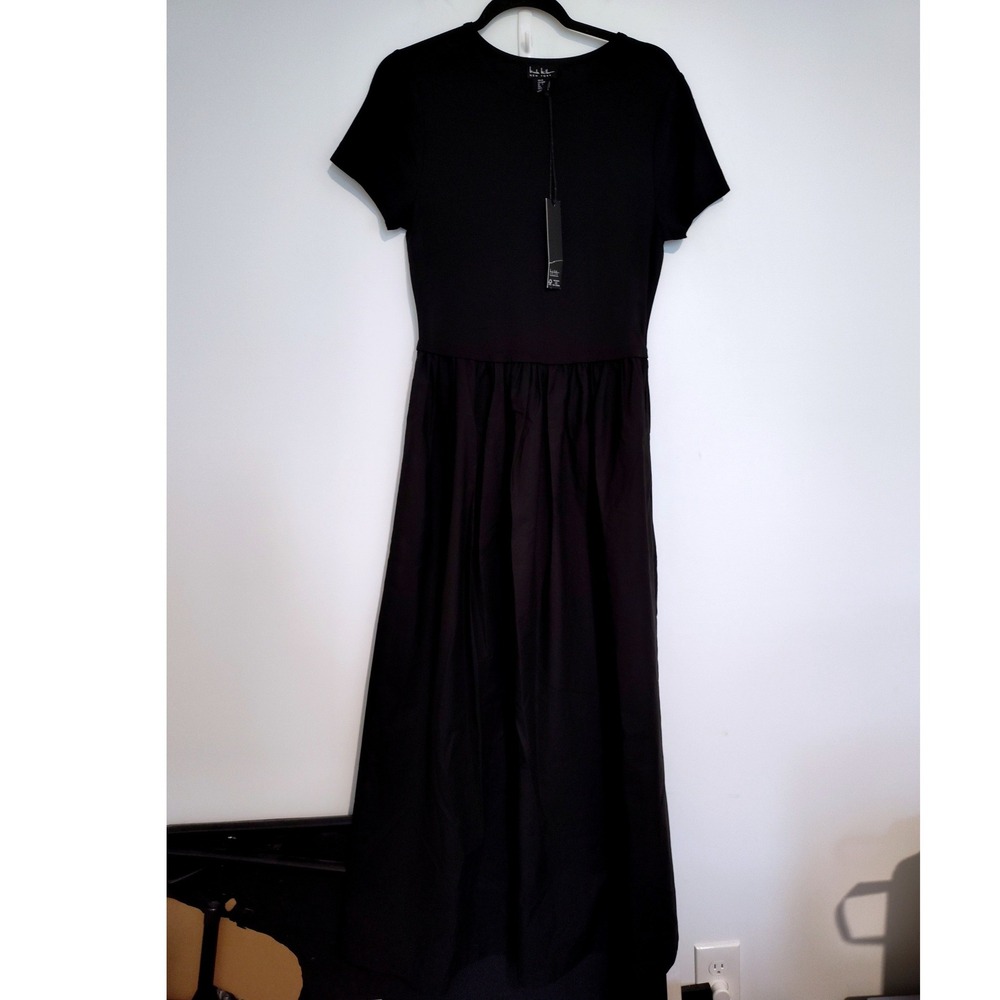 Nicole Miller New York Black Mixed Media Maxi Dress Short Sleeve Cotton Poplin M